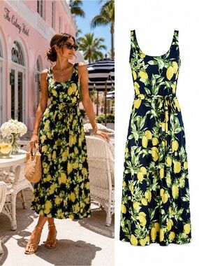 LOFT NWT Lemon Print Tie Waist Midi Dress Size XS Amalfi Coast Resort Vacation